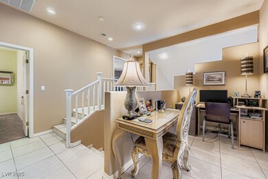 Home office featuring light tile patterned floors and recessed lighting