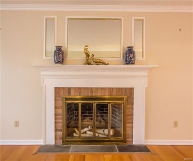 The living room fireplace, adorned with dental tri