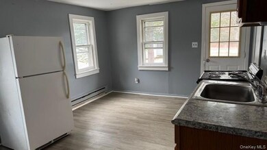 Kitchen with freestanding refrigerator, healthy amount of natural light, baseboard heating, and dark wood-type flooring