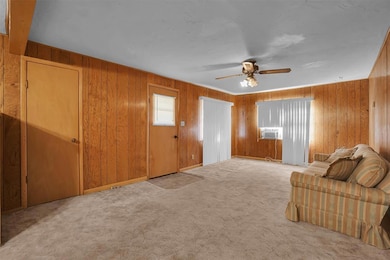 Living room featuring wood walls, carpet flooring, a ceiling fan, and cooling unit