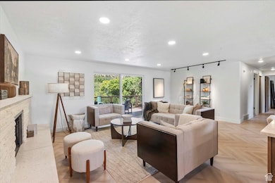 Living area with recessed lighting, a fireplace, and track lighting