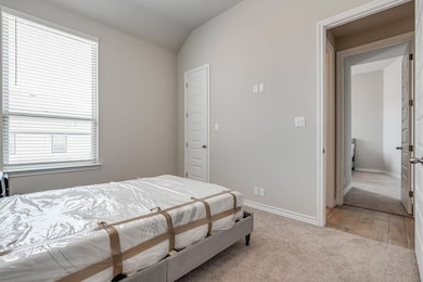 Bedroom with baseboards, lofted ceiling, and ligh