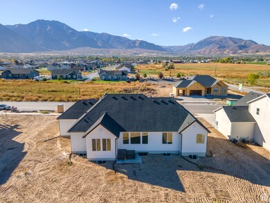 Aerial perspective of suburban area with a mountain backdrop