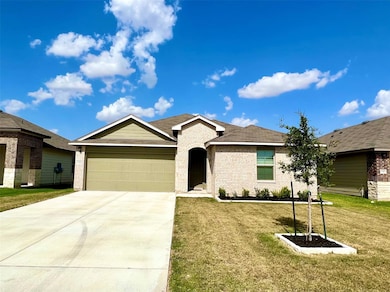 Single story home with concrete driveway, brick siding, a front lawn, a garage, and roof with shingles