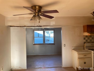 kitchen featuring gas range gas stove, hardwood / wood-style floors, under cabinet range hood, and a ceiling fan