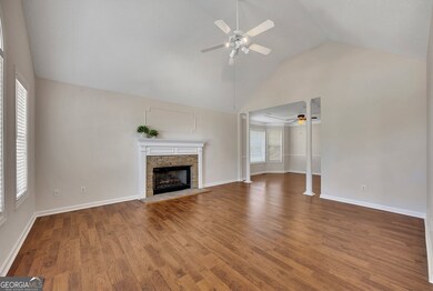 View of the living room and dining area.
