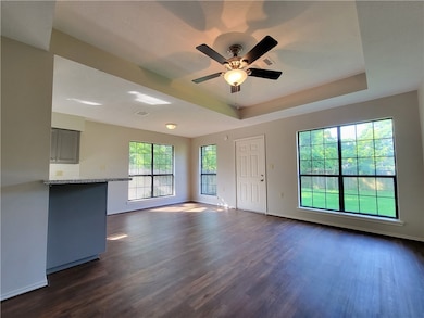 Unfurnished living room with a tray ceiling, dark wood-style flooring, and a ceiling fan