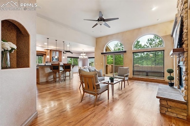 Living area featuring ceiling fan, hardwood floors, a stone fireplace, and a chandelier