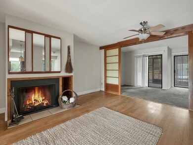 Living area with real wood burning fire place