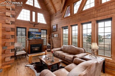 Living room with wood walls, a healthy amount of s