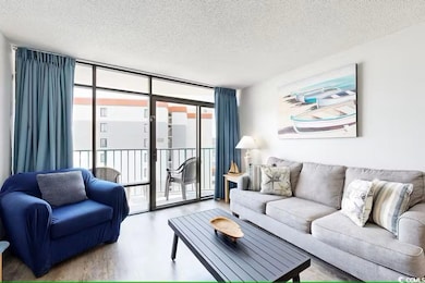 Living room with expansive windows and a textured 