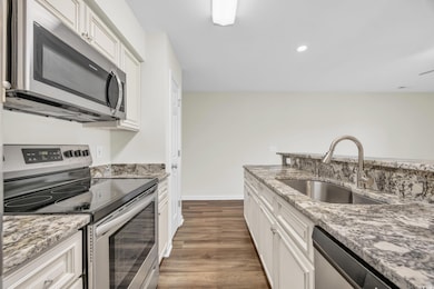 Kitchen with white cabinetry, sink, dark wood-type