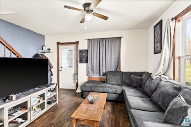 Living room featuring a ceiling fan, dark wood-style floors, healthy amount of natural light, and a textured ceiling