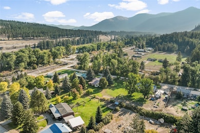Drone / aerial view of a forest and a mountain backdrop
