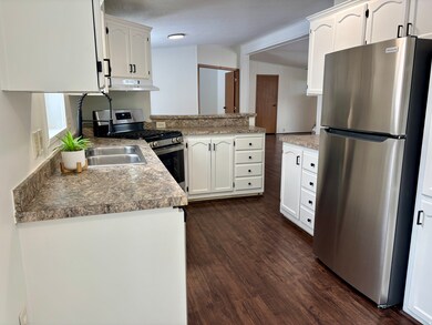Kitchen featuring stainless steel appliances, white cabinets, dark wood-style floors, under cabinet range hood, and lofted ceiling
