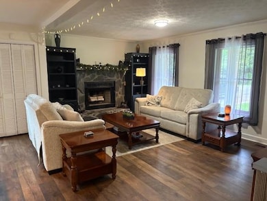 Living area with wood finished floors, a textured ceiling, a stone fireplace, and ornamental molding