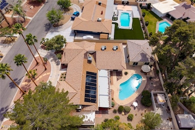 View from above of property with a pool