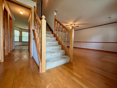 Staircase featuring wood-type flooring, ceiling fan, and baseboards