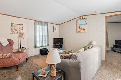 Living room with lofted ceiling, crown molding, an