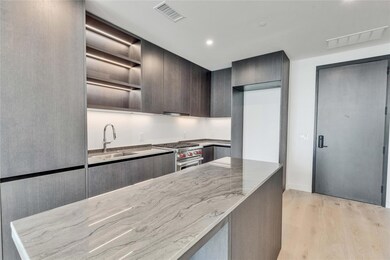 Kitchen with high end range, modern cabinets, lig