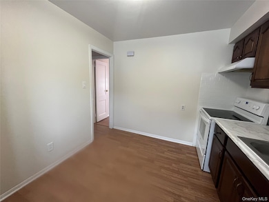 Kitchen featuring dark brown cabinetry, white range with electric cooktop, under cabinet range hood, and dark wood-style flooring