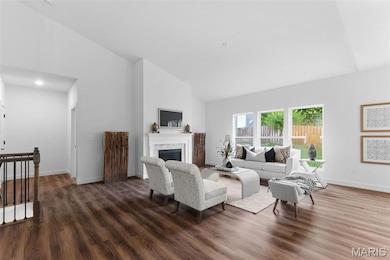 Living area with high vaulted ceiling, dark wood-style flooring, and a glass covered fireplace