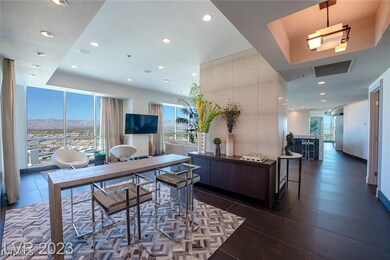 Office area featuring recessed lighting and tile p