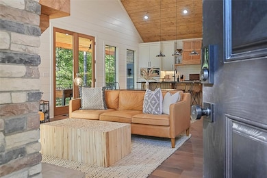 Living room with wooden ceiling, light wood-type f