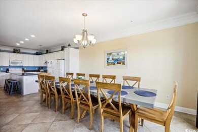Dining area featuring light tile patterned floors, baseboards, ornamental molding, an inviting chandelier, and recessed lighting