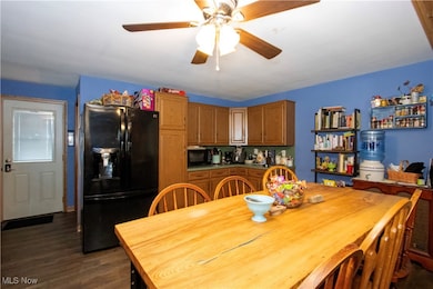 Dining space featuring a ceiling fan and dark wood-type flooring