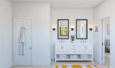 Primary bath with freestanding vanity