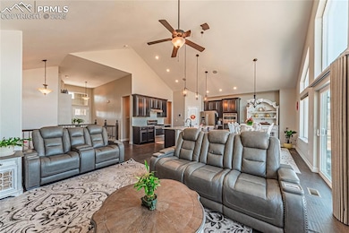 Living area with baseboards, visible vents, high v