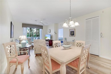 Dining space featuring light wood-type flooring, a chandelier, and ceiling fan