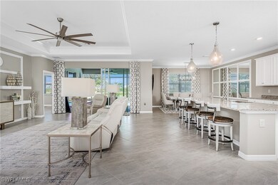 Living area with crown molding, a raised ceiling,