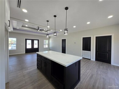 Kitchen with dark cabinets, a raised ceiling, open floor plan, light stone countertops, and decorative light fixtures