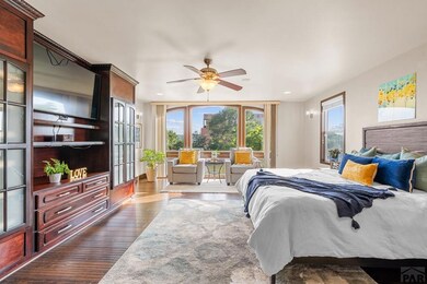 Primary suite has a walk-in closet and custom-buil