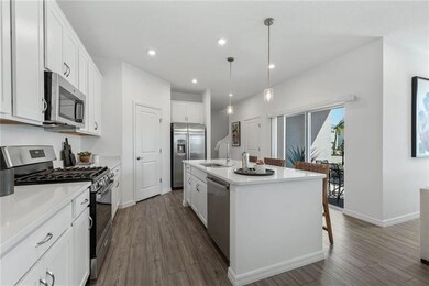 Kitchen with appliances with stainless steel finishes, dark wood-type flooring, white cabinetry, an island with sink, and light countertops