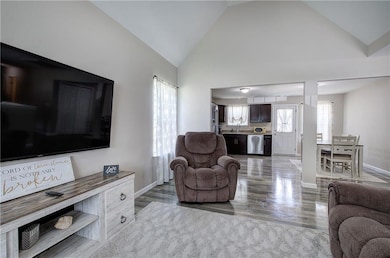 Living area featuring baseboards, wood finished floors, and high vaulted ceiling