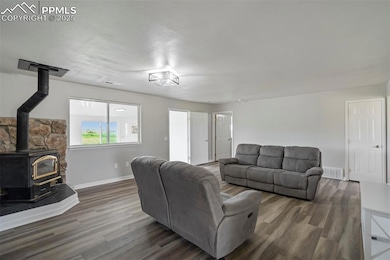 Living room featuring a wood stove, baseboards, wood finished floors, and a textured ceiling