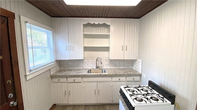 Kitchen with a sink, gas range, open shelves, wood
