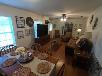 Dining space featuring a ceiling fan, healthy amou
