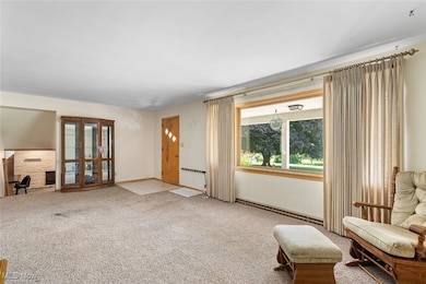Living room featuring a baseboard radiator and light carpet
