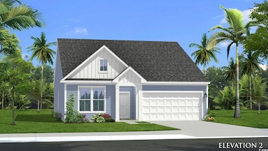 Exterior space featuring board and batten siding, a front yard, an attached garage, and roof with shingles