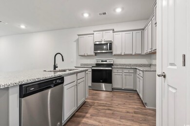 Kitchen featuring appliances with stainless steel finishes, dark wood-style flooring, gray cabinetry, and recessed lighting