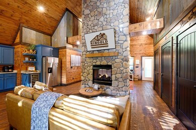Living room featuring high vaulted ceiling, wood walls, dark wood finished floors, a stone fireplace, and wine cooler
