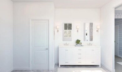 Primary bath with freestanding vanity and brushed nickel fixtures