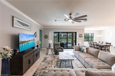 Living area with light tile patterned flooring, vi
