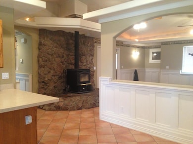 dining area, wood burning stove