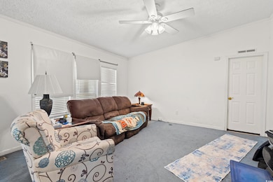 Living area with a textured ceiling, a ceiling fan, crown molding, and carpet floors