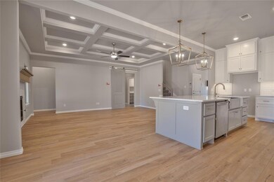Kitchen with coffered ceiling, stainless steel dis